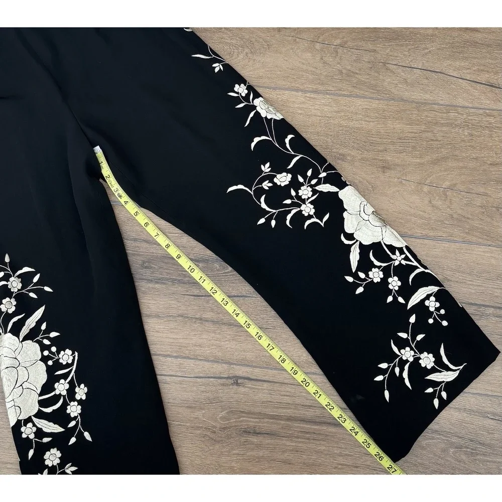 Lafayette 148 New York Embroidered Floral Wide Leg Pants Size 6‎ Black Ivory